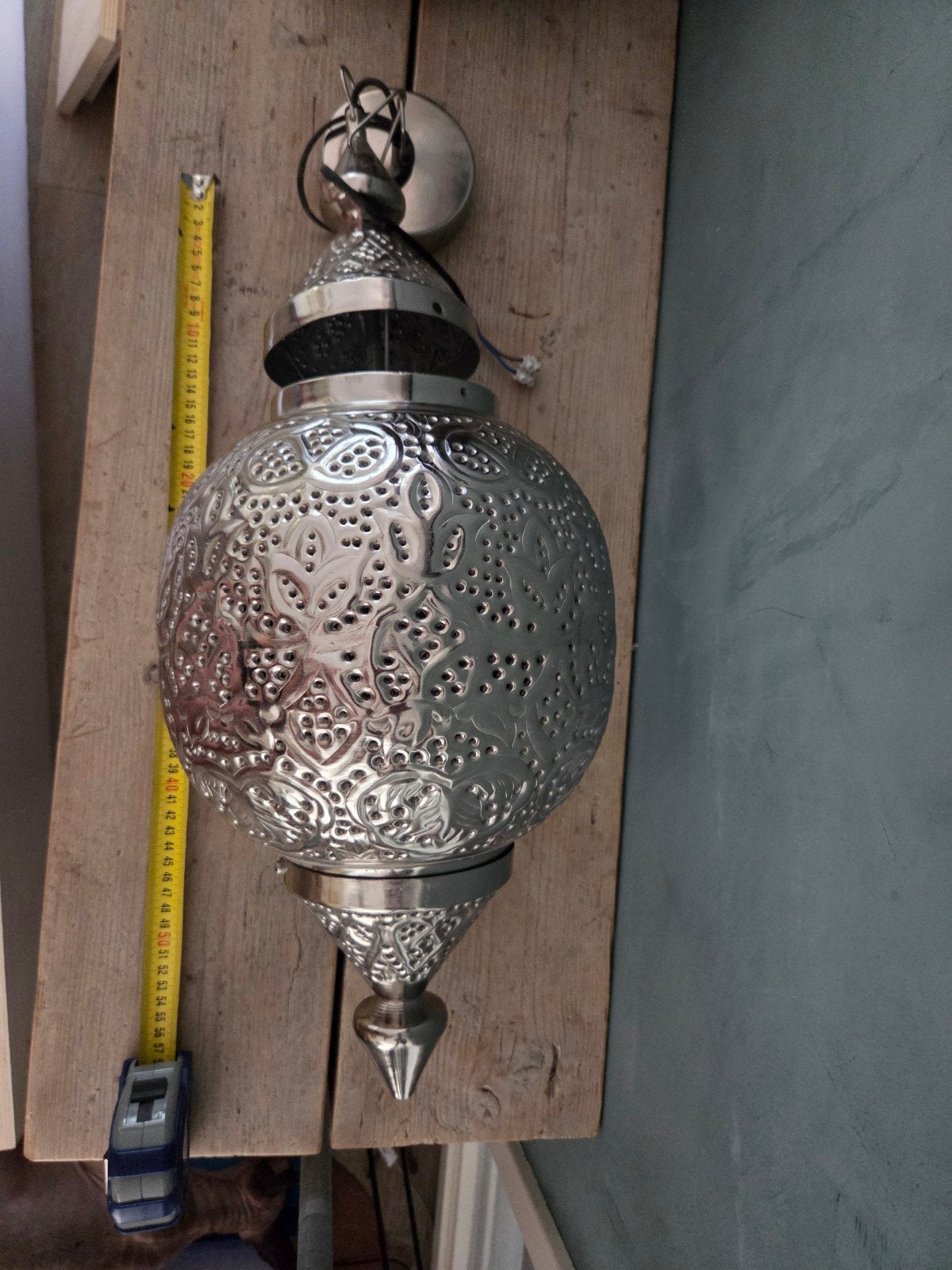 Oosterse hanglamp, zilverkleurig metaal, gedetailleerd, Huis en Inrichting, Ophalen, Minder dan 50 cm, Gebruikt, Minder dan 25 cm