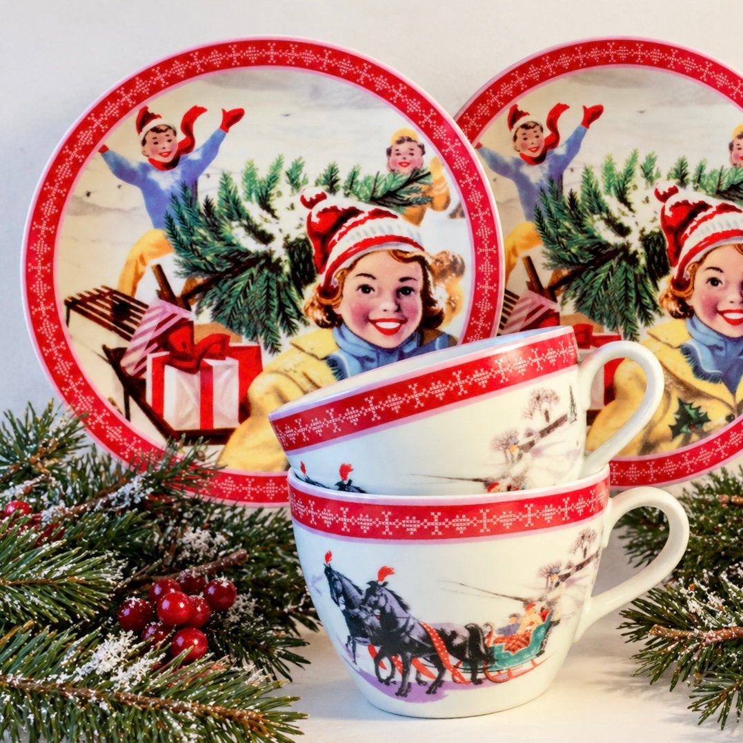 Vintage Winterservies Kerstservies Albert Heijn, Ophalen of Verzenden, Zo goed als nieuw, Overige stijlen, Kop(pen) en/of Schotel(s)