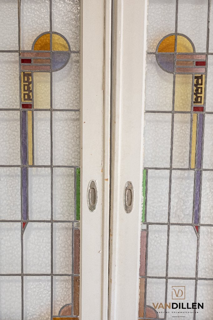 Oude ensuite schuifdeuren met art deco glas in lood motief, Doe-het-zelf en Verbouw, Deuren en Horren, Gebruikt, 120 cm of meer