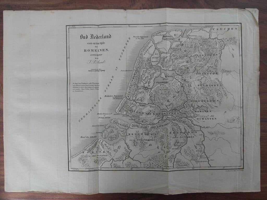 1 / Kaart van Nederland in de Romeinse tijd - gravure 1840, Antiek en Kunst, Kunst | Etsen en Gravures, Ophalen of Verzenden