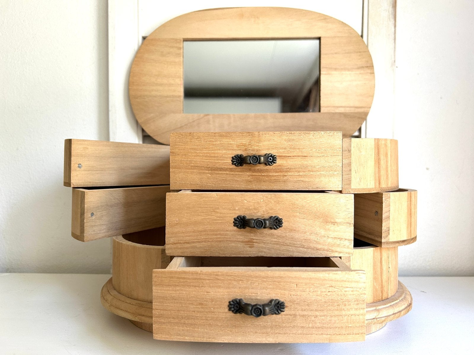 Onbewerkt houten sieradendoos met lades spiegel vakken 32 cm, Ophalen, Zo goed als nieuw, Bruin, Overige materialen