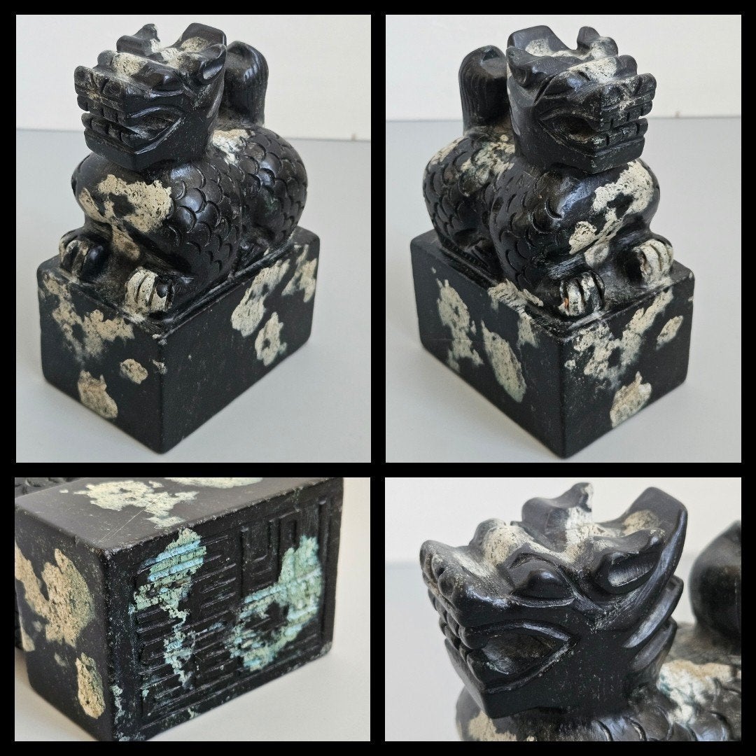 Antiek Chinees Pixiu zegel gesneden speksteen of zwarte jade, Ophalen of Verzenden, China, Beeld, Gesneden