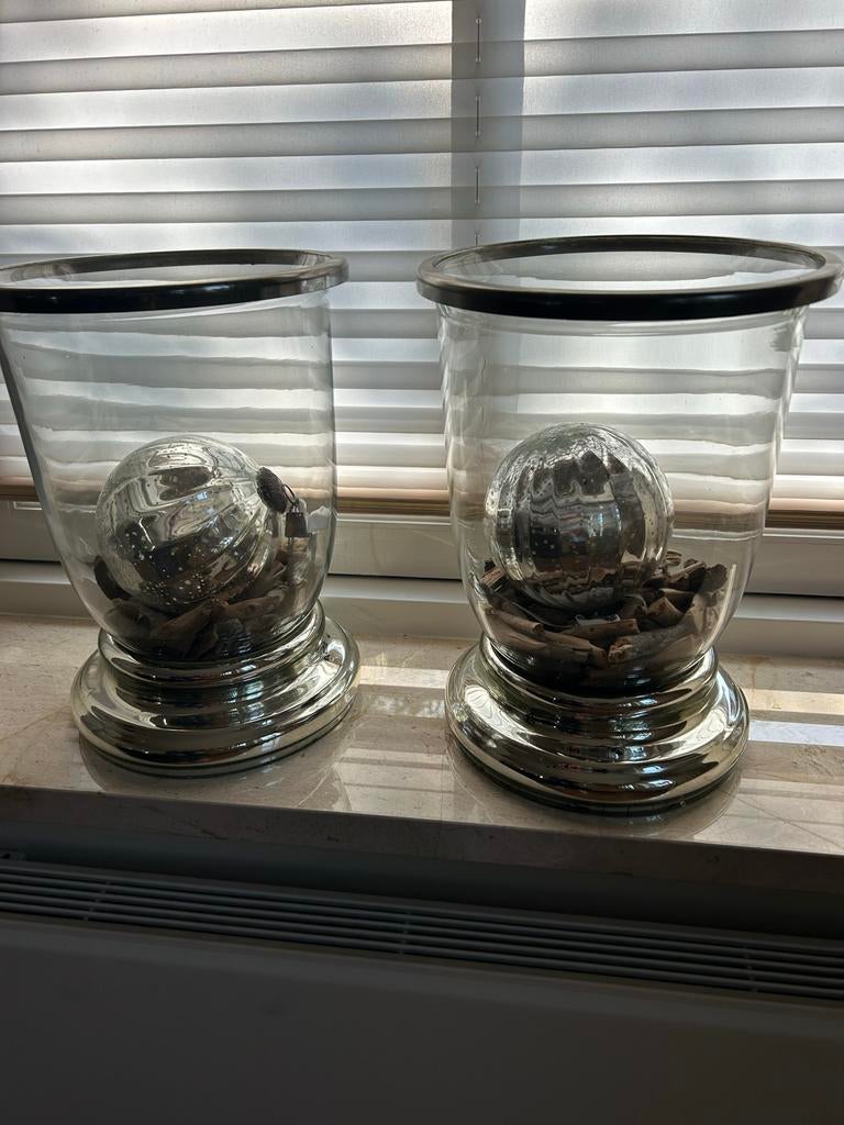 Set van 2 glazen windlichten met zilveren voet, Ophalen of Verzenden, Zo goed als nieuw
