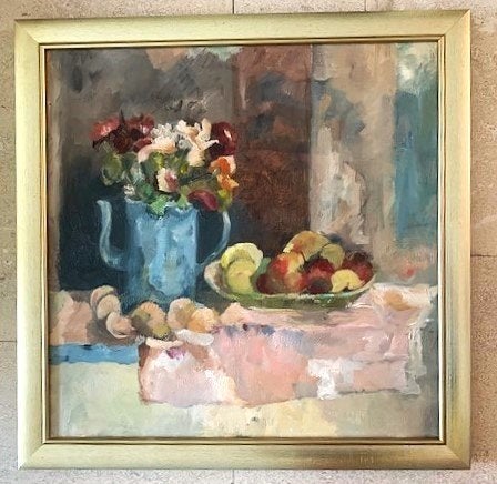 Gevarieerd stilleven op tafel - met potlood R ? Heerkens., Doek, Stilleven, Impressionistisch, Ophalen of Verzenden