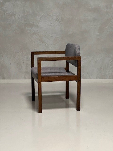 Vintage armstoel wengéhout fauteuil retro stoel design grijs, Gebruikt, ., Vintage, Ophalen of Verzenden