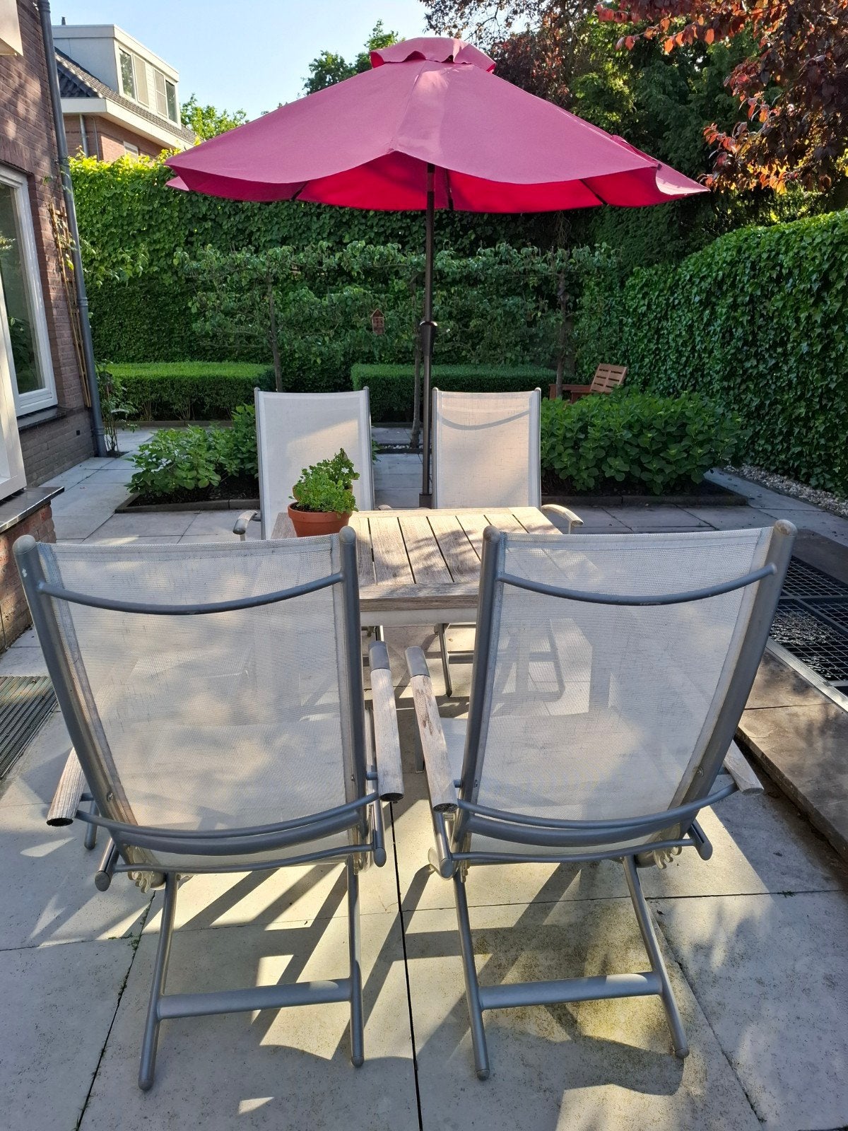 Verstelbare tuinstoelen met teakhouten armleuningen, Ophalen, Gebruikt, Aluminium, Verstelbaar