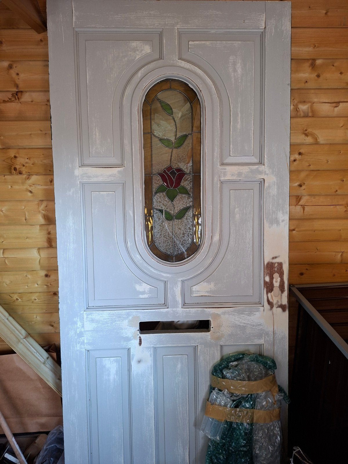Massief houten voordeur met glas-in-lood opknapper 210x92cm, Ophalen, Gebruikt, 80 tot 100 cm, Buitendeur