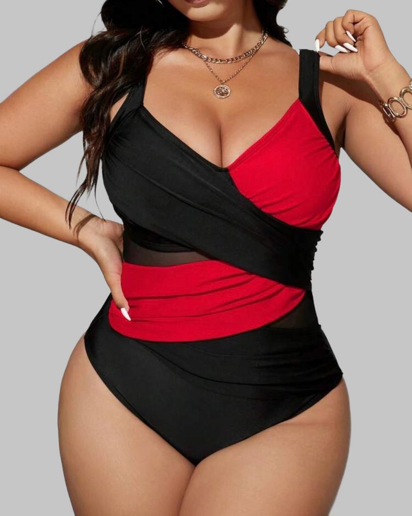 Zwart-rood badpak met mesh details (44-52), Kleding | Dames, Verzenden, Nieuw, Rood, Badpak