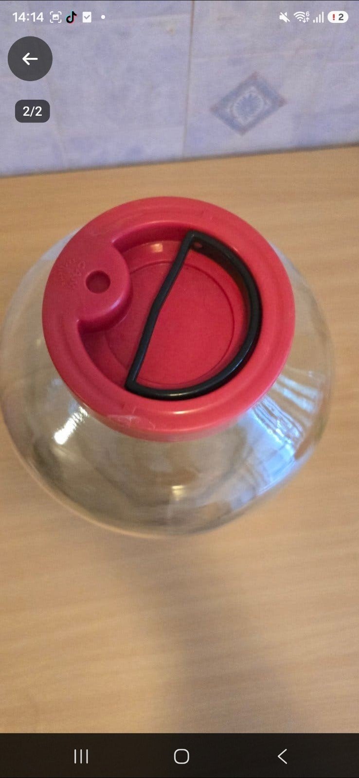 Grote glazen pot met rode deksel, Gebruikt, Met deksel, Rond, Pot of Kruik