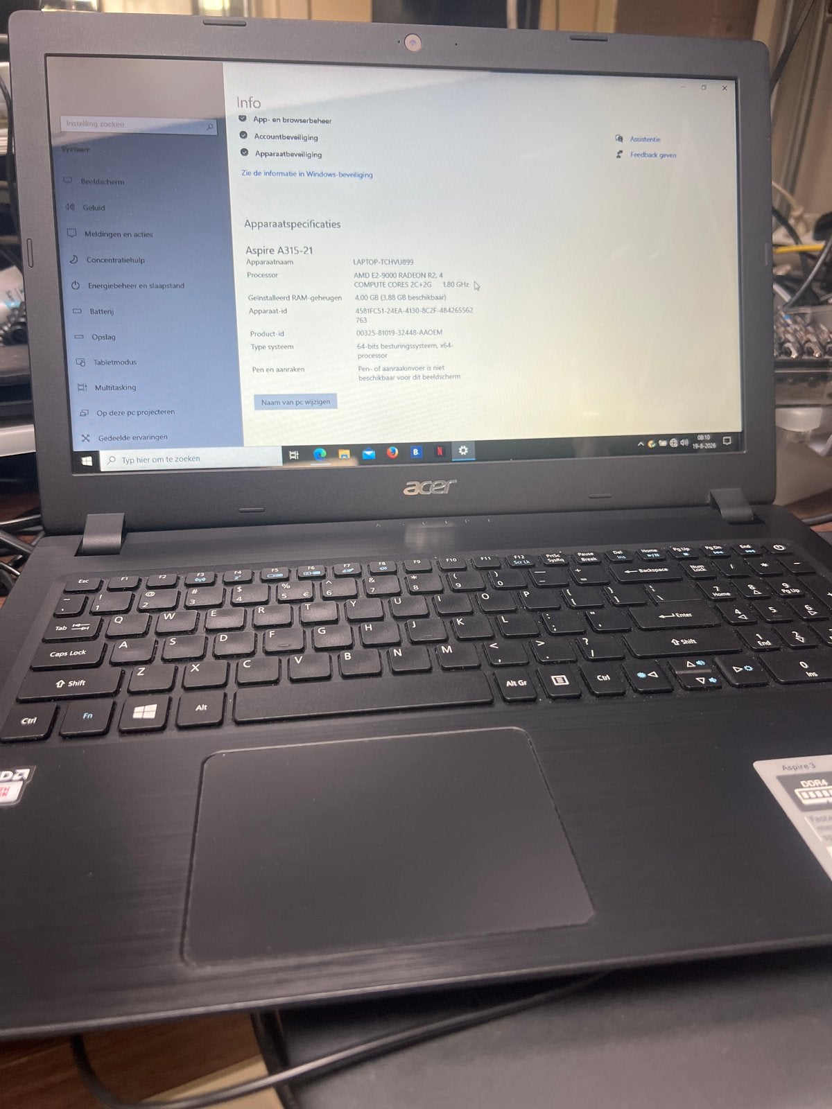 Acer Aspire 3 A315-21-24DH Laptop - AMD E2, 4GB RAM, Gebruikt, HDD, Minder dan 2 Ghz, Ophalen of Verzenden
