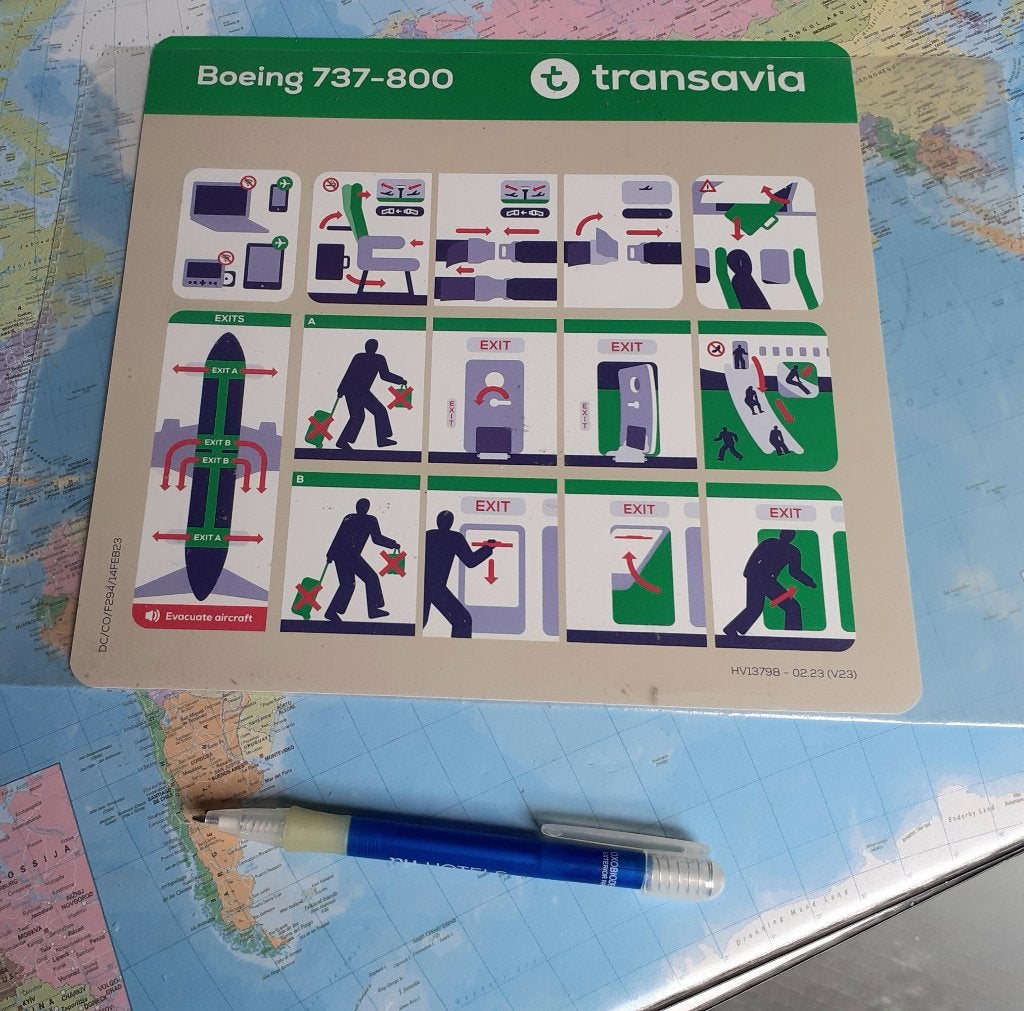 Safety card Transavia B-737-800, Verzenden, Zo goed als nieuw, Kaart, Foto of Prent