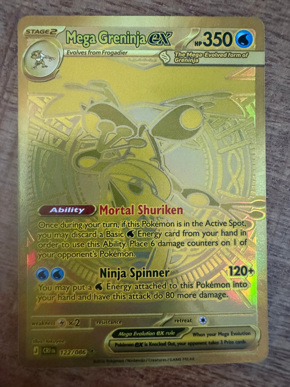 Mega Greninja EX Gouden Pokemon Kaart - Zeldzaam, Ophalen of Verzenden, Zo goed als nieuw, Losse kaart, Foil