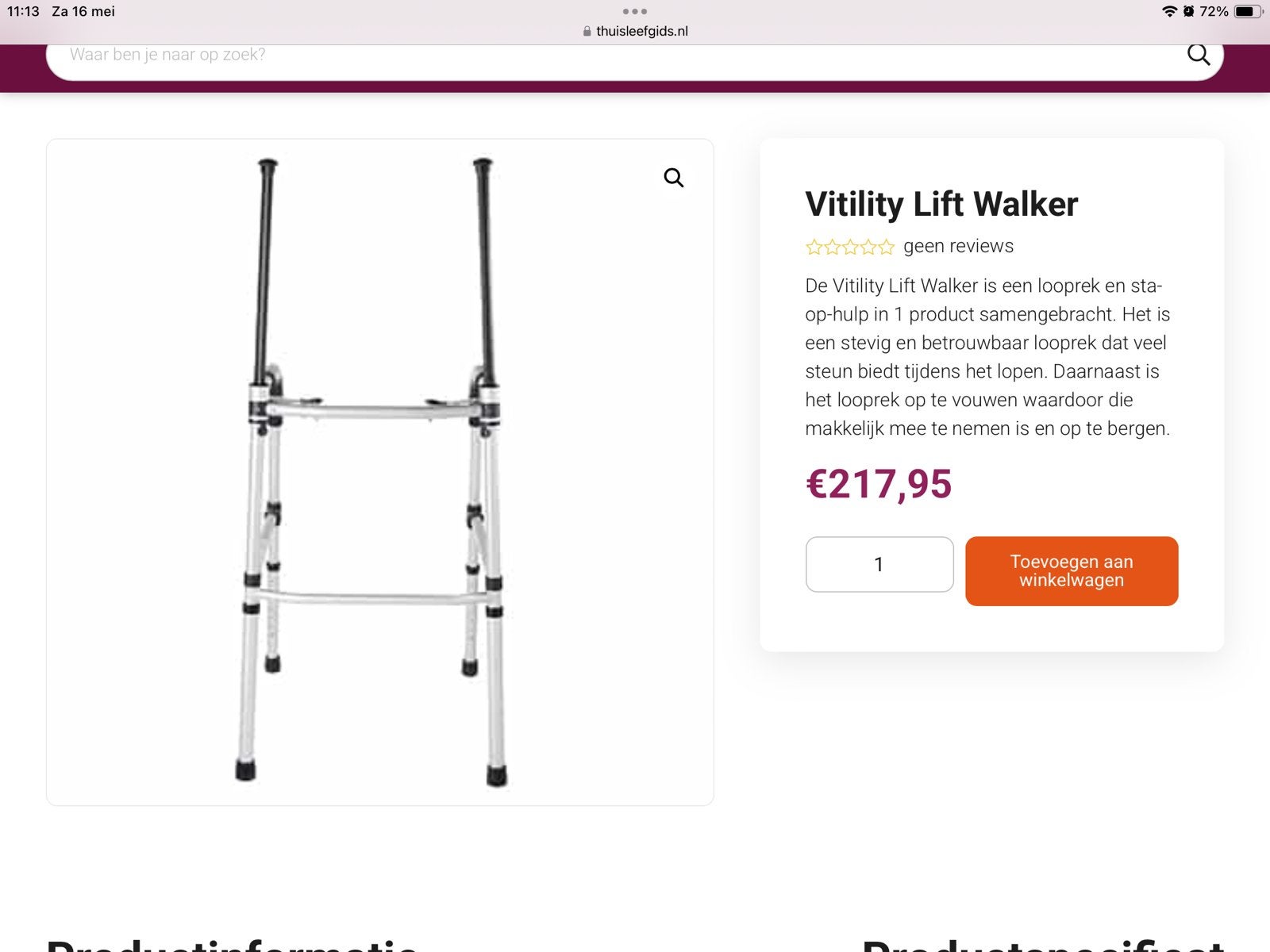 Vitility looprek, model Liftwalker met sta-op hulp, Diversen, Looprekken, Ophalen, Gebruikt