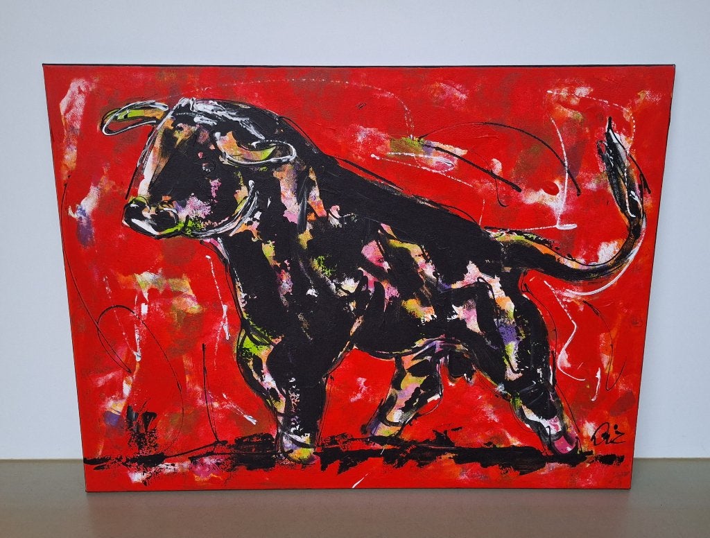 vrolijk schilderij Liz Corrie Leushuis Spaanse stier 60x80cm, Ophalen, Acrylverf, Dieren, Op houten frame