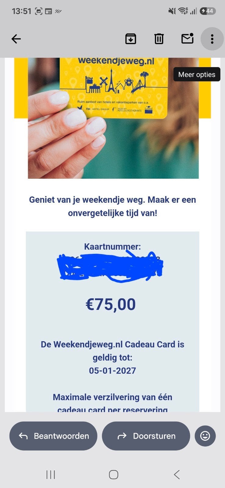 weekendjeweg cadeaukaart ter waarde van €75,-, Eén persoon, Cadeaubon