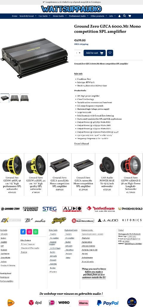 Ground Zero GZCA 6000.M1 Monoblok versterker 6000W RMS, Erlenweg 25, 85658 Egmating, Germany, Nieuw, https://www.ground-zero-audio.com/en/support-en/contact-page/