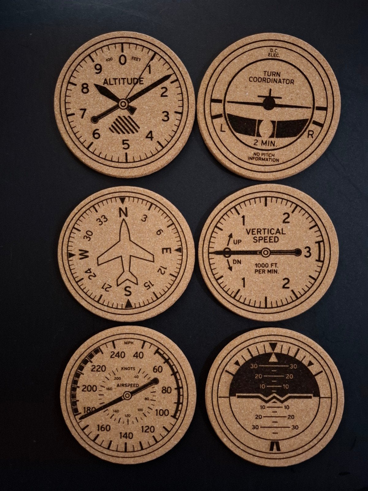 6 Kurken Onderzetters Vliegtuig Cockpit Instrumenten, Kurk, Glasonderzetter, Nieuw, Handgemaakt