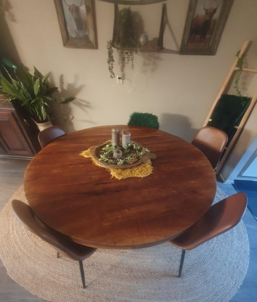 Ronde eettafel stalen frame, Ophalen, Rond, Vijf personen of meer, Overige houtsoorten