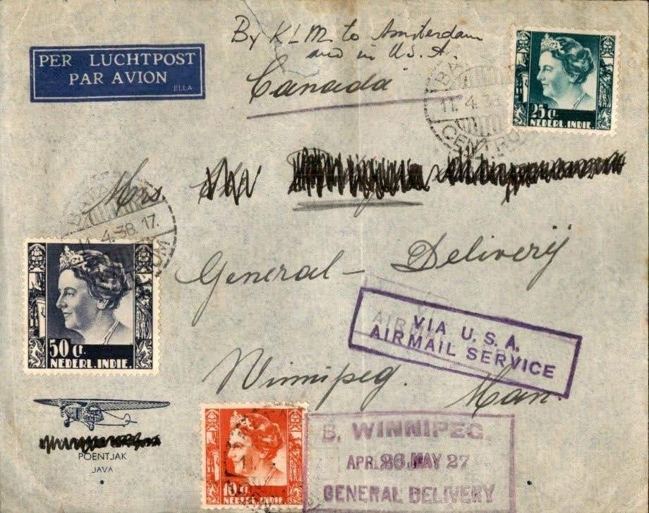 Nederlands Indië - Canada - Frankering - 1938, Postzegels en Munten, Brieven en Enveloppen | Nederland, Verzenden, Envelop