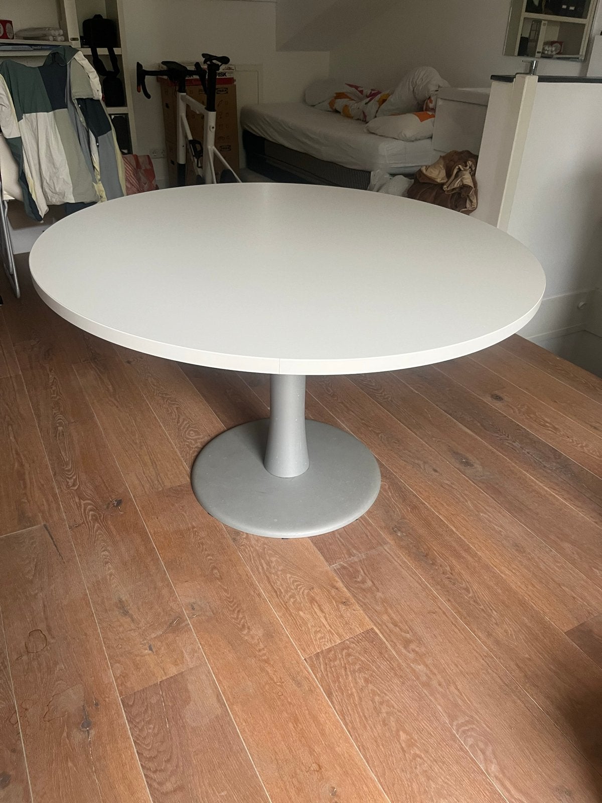 Ronde witte eettafel met centrale poot 120cm, Ophalen, Gebruikt, 100 tot 150 cm, Rond