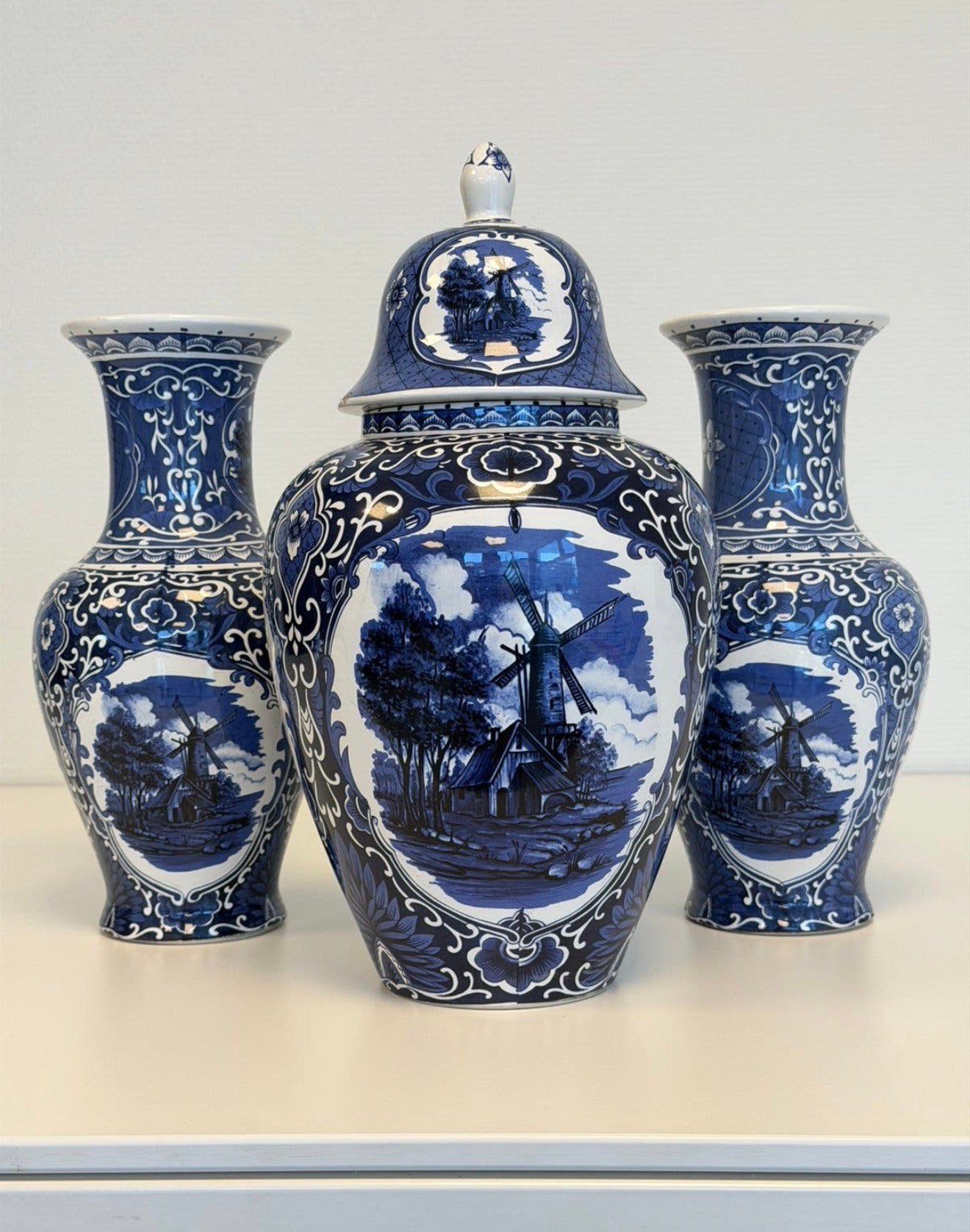 Delfts delft Blauw 3-delig Kaststel Molens Vazen Dekselpot, Antiek en Kunst, Ophalen of Verzenden