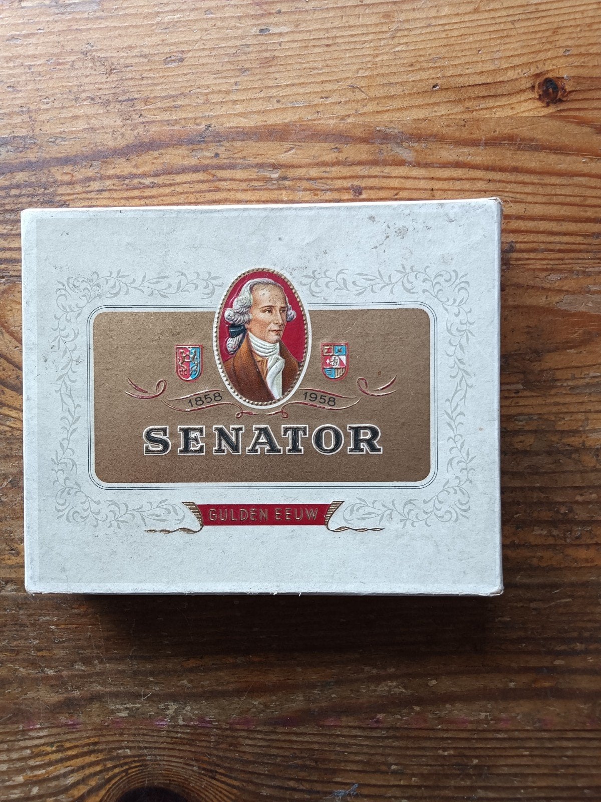 Vintage Senator Gulden Eeuw Sigarendoosje kart 1958, Ophalen of Verzenden, Gebruikt, Tabaksdoos of Verpakking