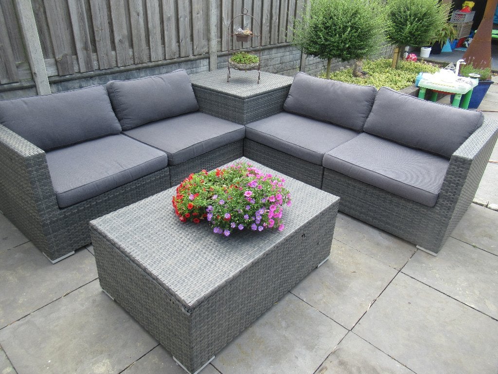 Grote loungeset tuinset Loungebank Wicker + dikke Kussens, Ophalen, 5 zitplaatsen, Kunststof, Zo goed als nieuw