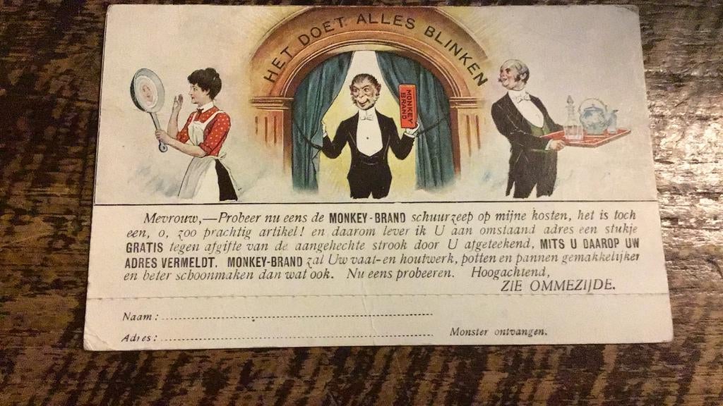 Monkey Brand-Schuurzeep-Reclamekaart, Ophalen of Verzenden, Gebruikt, Gebruiksvoorwerp