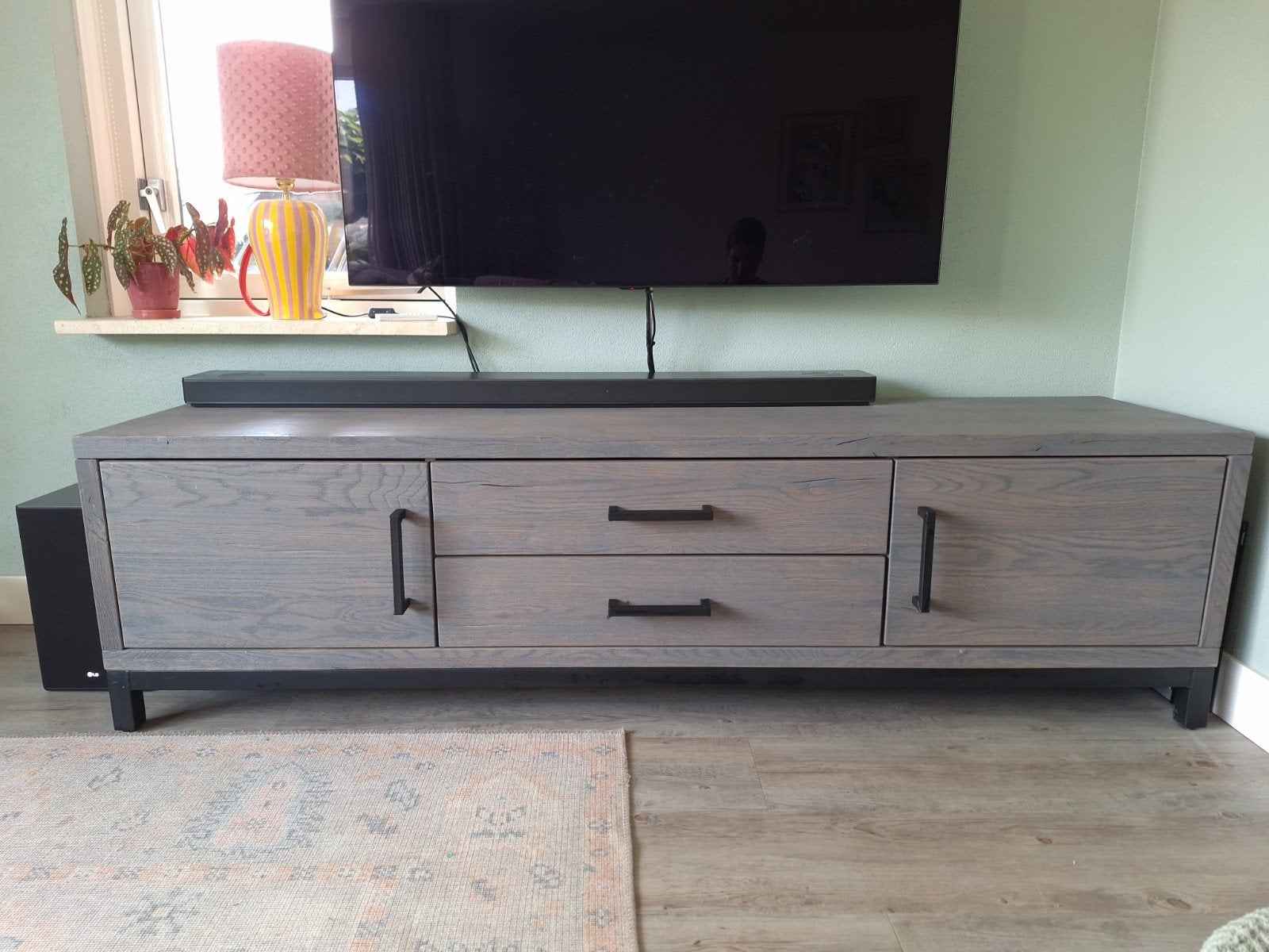 Massief Eiken TV-meubel 2 meter - Grey Wash, Ophalen, Gebruikt, Eikenhout, 200 cm of meer