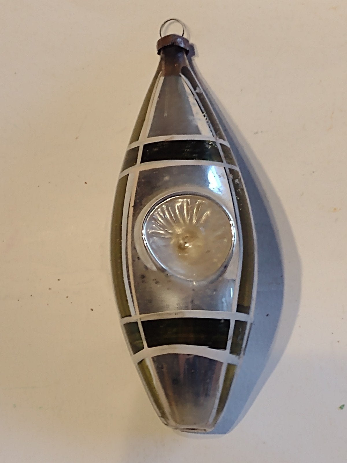 oude pegel deukkerstbal - groen / zilver L 11,5 cm, Ophalen, Gebruikt