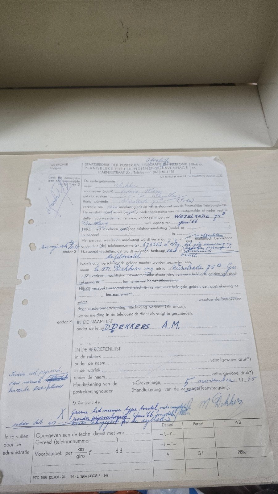 Historisch Telefoonaansluitingsformulier PTT (1965), Ophalen of Verzenden