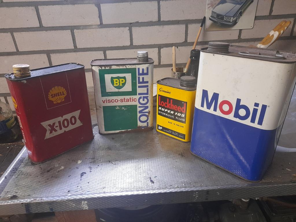 Set van 4 Vintage Olieblikken - Shell, BP, Lockheed, Mobil, Verzamelen, Merken en Reclamevoorwerpen, Ophalen of Verzenden, Gebruikt