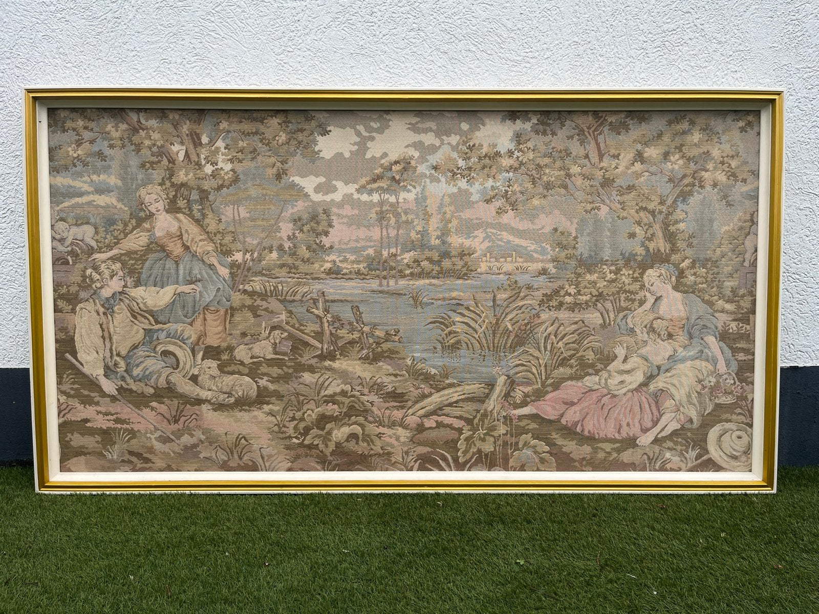 Groot vintage Gobelin Frans geweven Wandkleed, Gouden lijst, Ophalen