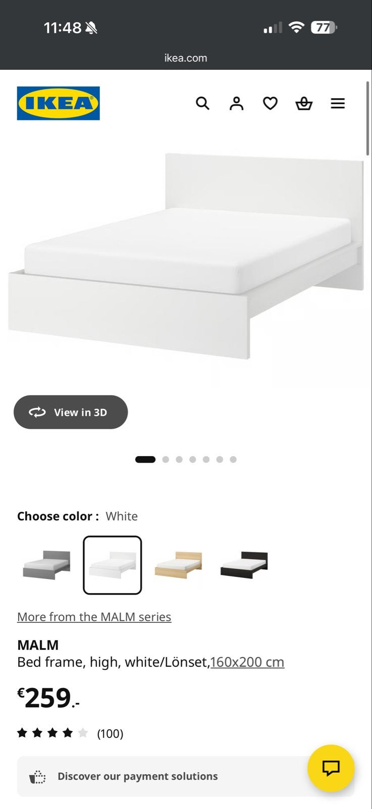 IKEA MALM Bedframe wit and zwart 160x200 cm+ matrass, Ophalen, Gebruikt, Wit, Tweepersoons
