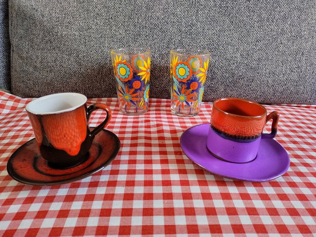 Vintage fat lava kop en schotels en vintage limonadeglazen, Ophalen of Verzenden