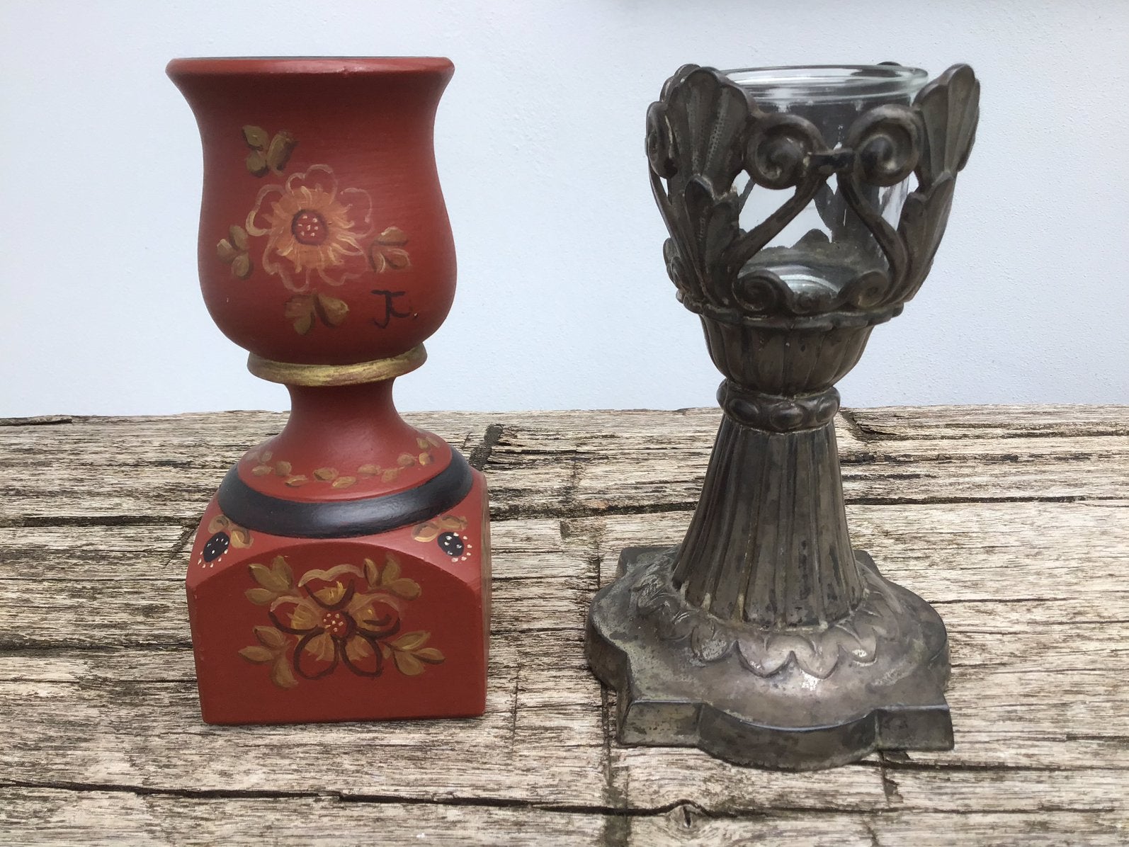 Houten handgeschilderde kandelaar - Oude metalen kandelaar, Ophalen of Verzenden
