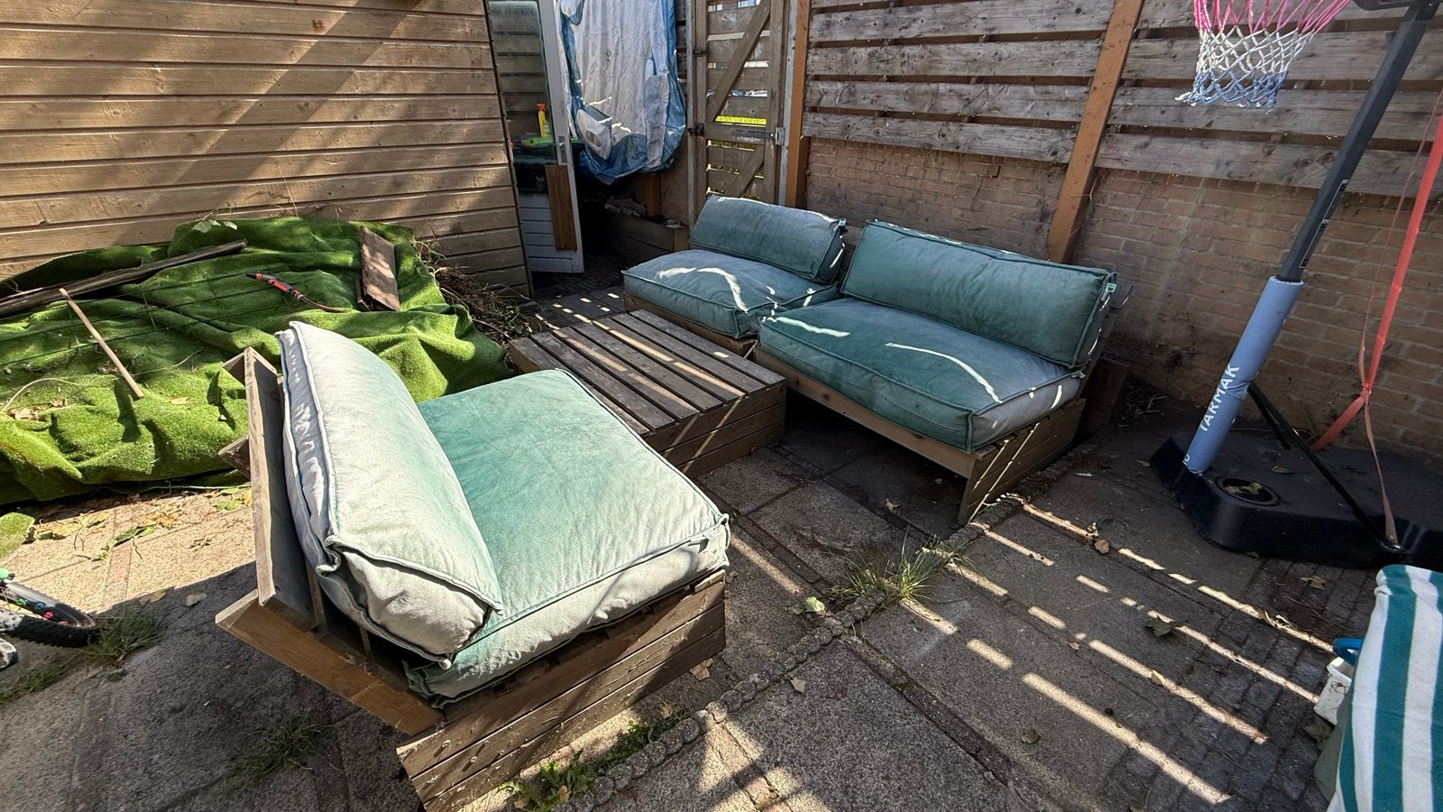 Houten loungeset met kussens, Ophalen, Gebruikt, 6 zitplaatsen, Bank