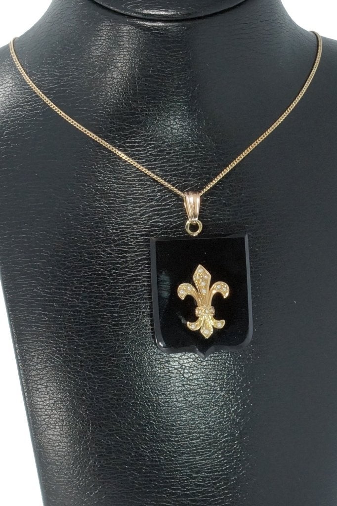 Onyx grote 14k fleur de lis ketting hanger foto medaillon, Ophalen of Verzenden, Goud, Hanger, Met edelsteen