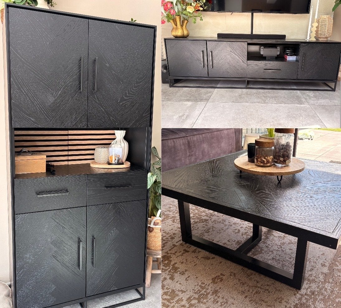 Zwart houten dressoir, kast en salontafel set in visgraat, Ophalen, 150 tot 200 cm, Zo goed als nieuw, Met lade(s)