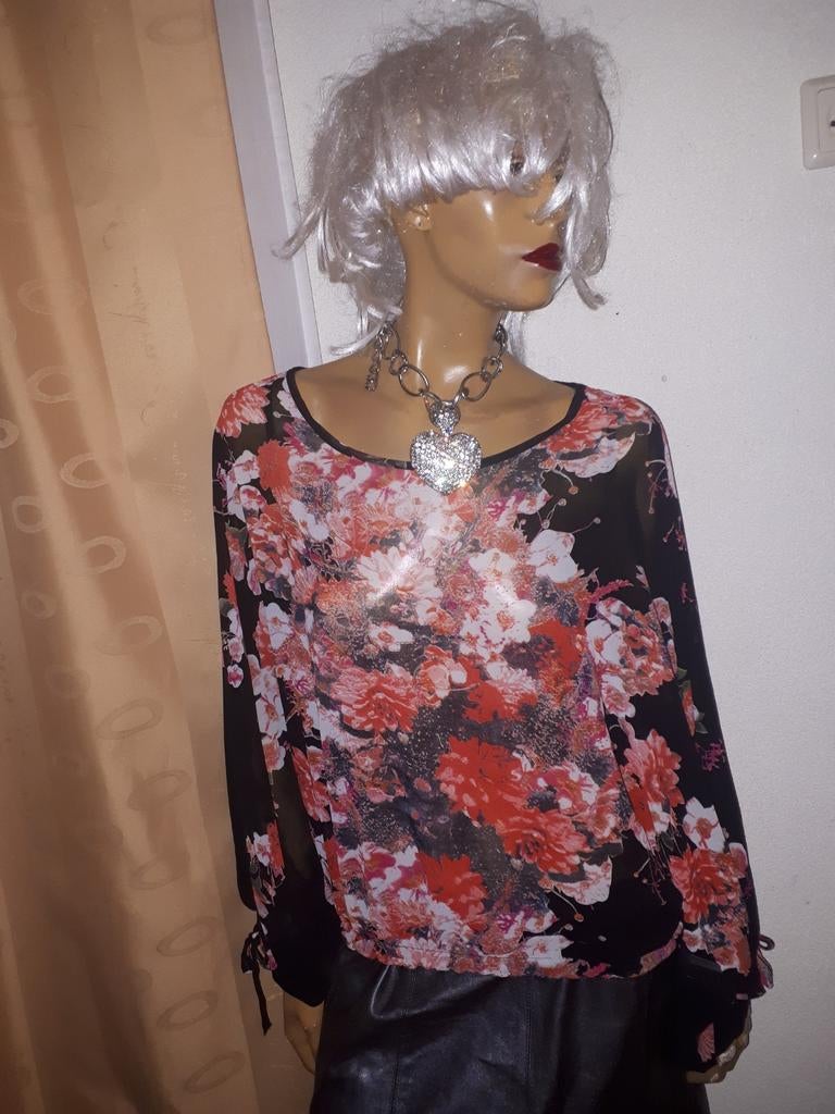 Bloemenprint blouse met lange mouwen van panache maat M zgan, Maat 38/40 (M), Zwart, Ophalen of Verzenden, Onbekend