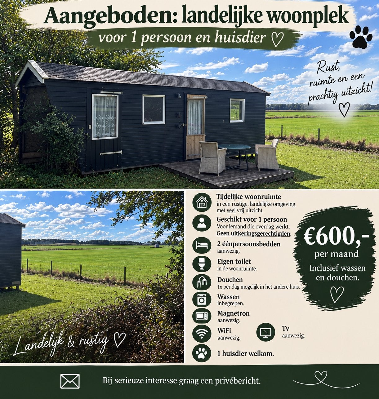 Aangeboden landelijke woonplek voor 1 persoon en huisdier, Huizen en Kamers
