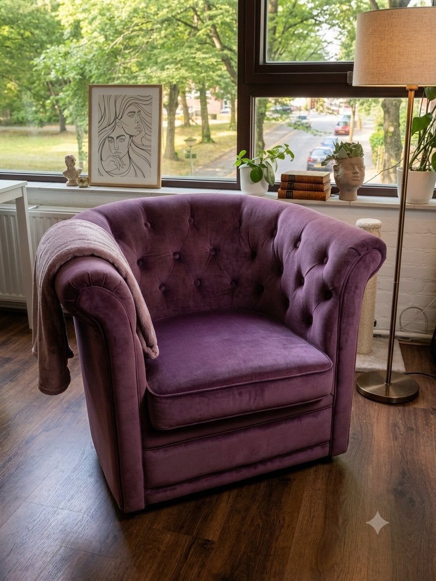 Luxe paarse fluwelen fauteuil, Ophalen of Verzenden, Gebruikt, Stof, 75 tot 100 cm