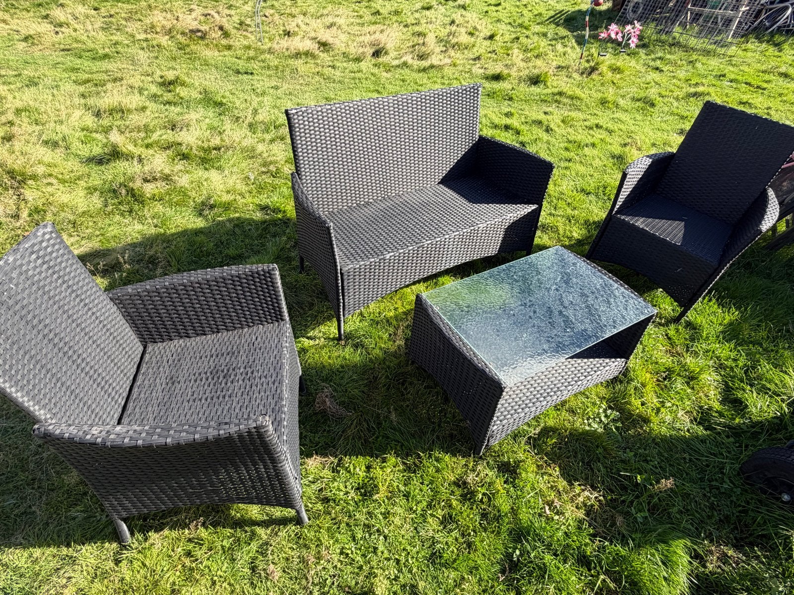 Zwarte Wicker Loungeset - 2 Stoelen, Bank en Salontafel, 4 zitplaatsen, Gebruikt, Ophalen of Verzenden, Loungeset