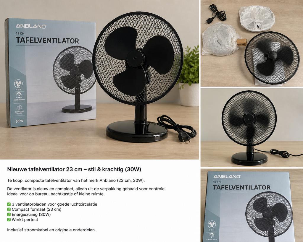 Anblano Tafelventilator 23 cm - Stil & Krachtig (30W), Ophalen, Nieuw, Tafelventilator
