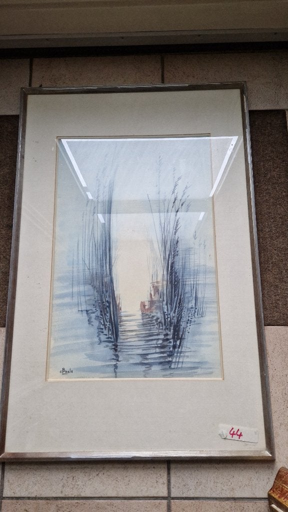 groot schilderij aquarel in lijst gesigneerd, Ophalen of Verzenden, Zo goed als nieuw, Schilderij, 75 – 100