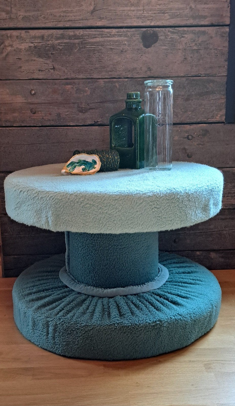 Retro bijzettafel / poef - petrolblauw, Minder dan 50 cm, Gebruikt, Rond, Minder dan 50 cm