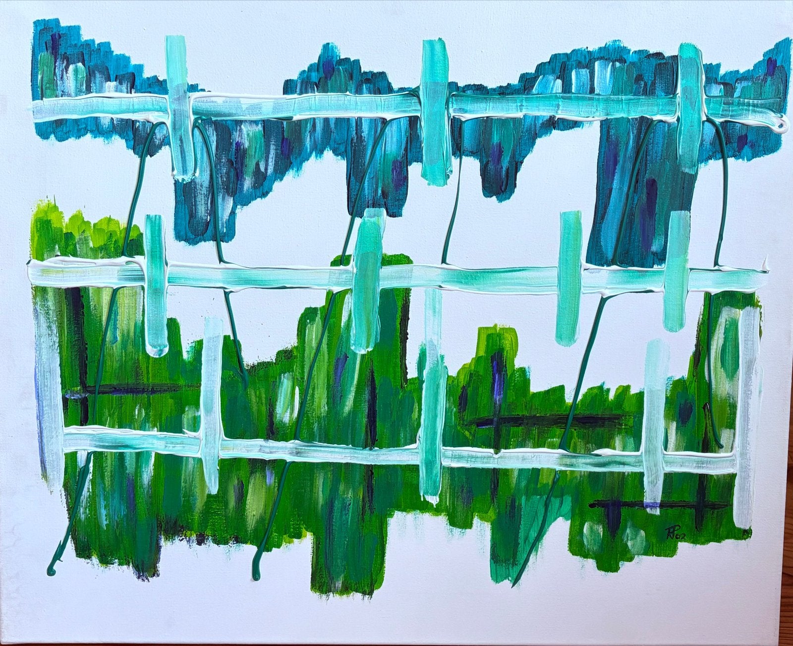 Abstract Schilderij: Groen en Blauw met Waslijnmotief, Antiek en Kunst, Ophalen