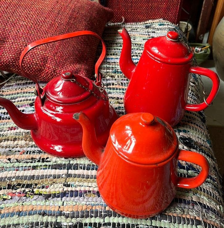 3 Antieke Rood Emaille Kannen / Waterketel, Ophalen of Verzenden