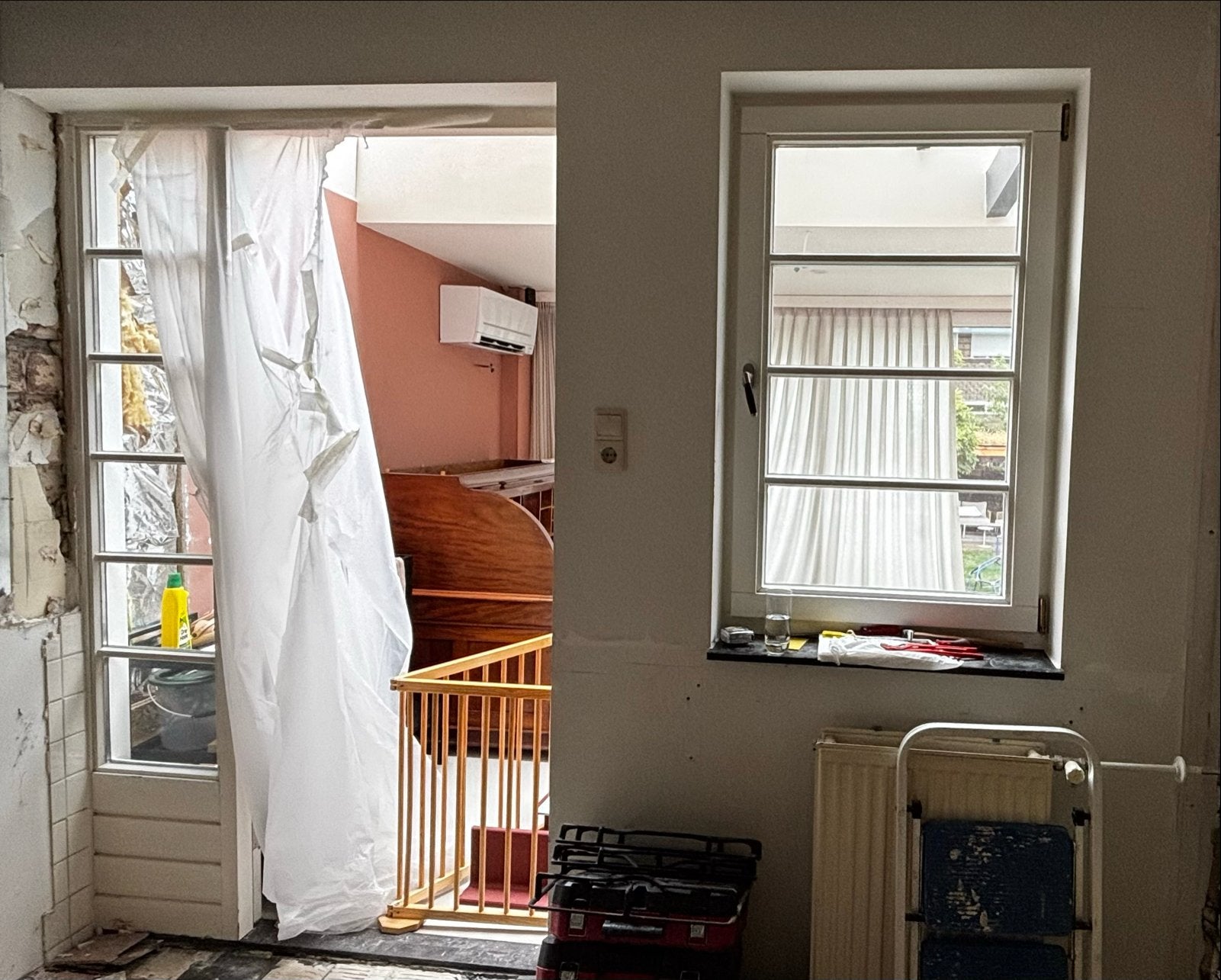 Draai-kiep raam, kozijn met verdeelraampjes en buitendeur, Ophalen, Gebruikt, Buitendeur, Hout
