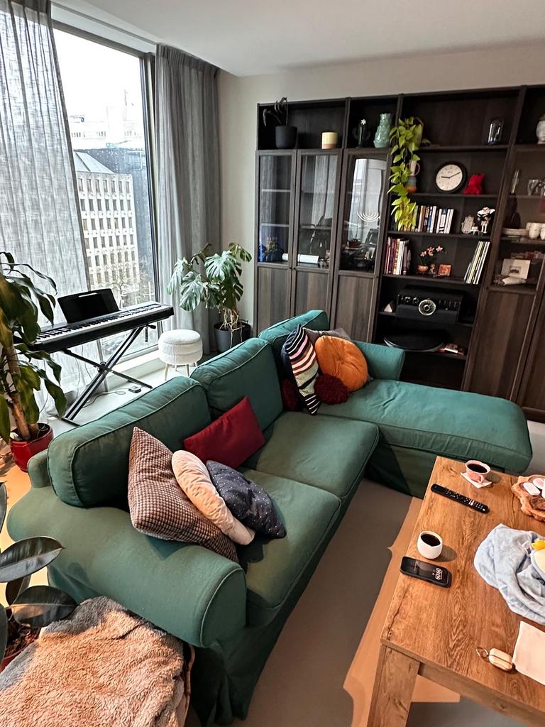 Ikea Ektorp 3-zitsbank met chaise longue en poef - Groen, Huis en Inrichting, Banken | Voetenbanken en Poefen, Ophalen, Gebruikt